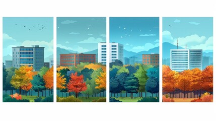 Buildings of elementary and middle schools outdoors. Colleges and universities outdoor. High school landscape. Four horizontal banners with text space. Modern illustration.