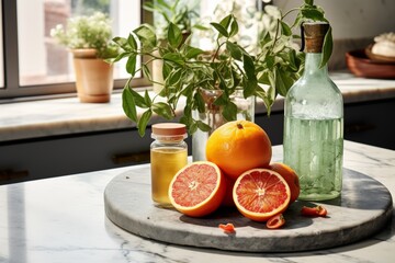 Fresh grapefruits and oil in bottlesle table in kitchen