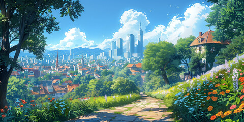 Japanese or fantasy eastern landscape. Anime Spring summer autumn art. Beautiful view big city panorama background. Digital painting. Poster, invitation, flyer, banner, header. Generative Ai content