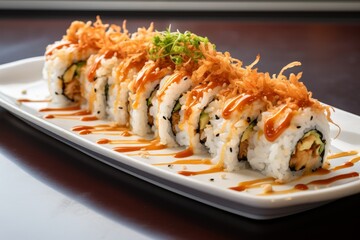 Japanese sushi roll on white plate with soy sauce, delicious authentic asian cuisine