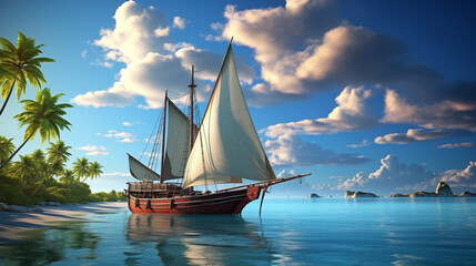 sailing boat in the sea, Against the vastness of theocean, asmall boat sails. The water is a...