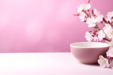Cherry blossom and porcelain bowl on pink background with space for text and spring aesthetics