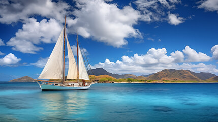 Fototapeta premium yacht in the sea, Asailboat glides across theturquoise ocean, its white sails billowing against theblue sky adorned withfluffy clouds. In the distance, atropical island emerges--
