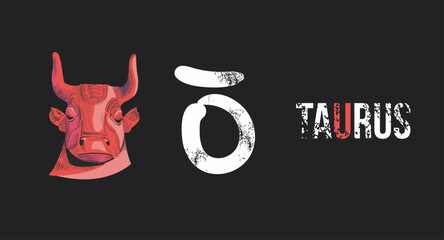 Taurus. T-shirt design of the head of a red bull and the symbol of Taurus on a black background.