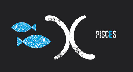 Pisces. T-shirt design of the Pisces symbol along with two celestial fish on a black background.
