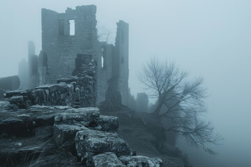 A foggy, desolate scene with a castle in the background