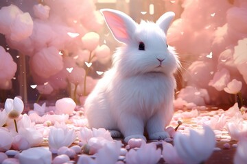 Cute white rabbit sitting on beautiful flower petals. Easter holiday concept with adorable bunny