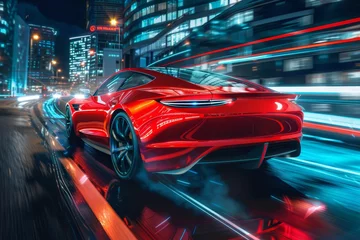 Wandaufkleber Red business car speeding on highways in urban night scene, rear view in cityscape © Mikhail Vorobev