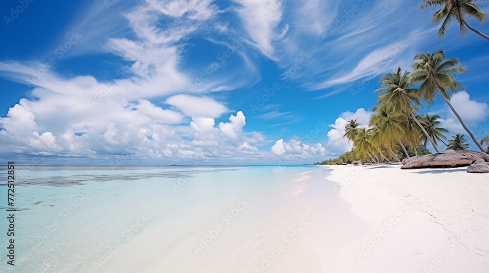 Wall mural beach, On thisidyllic beach, the sand is a canvas ofwhite, kissed by theturquoise waves. Thesky stretches infinitely, adorned withfluffy clouds. TheMaldives island completes the panorama