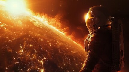 Astronaut Standing in Front of Planet - obrazy, fototapety, plakaty