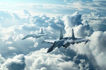 Two military fighter jets in the sky flying over white fluffy clouds during air show performance - obrazy, fototapety, plakaty