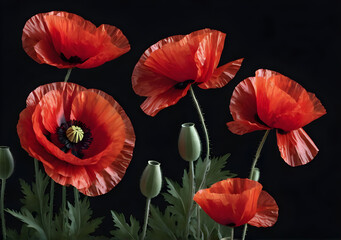 Obraz premium Red poppies on black background. Remembrance Day, Armistice Day symbol. Generative AI