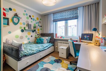 Modern stylish teens room interior with cozy bed and functional workspace for studying and relaxing - obrazy, fototapety, plakaty