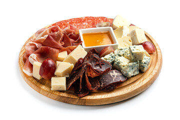 Antipasto plate with cheese, prosciutto, salami and honey