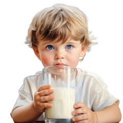 The toddler is holding a glass of milk in his hand, wearing a cute sleeveless top. He takes small sips while using his tiny fingers on transparent