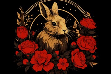 Cute rabbit with colorful flowers vector illustration on black background for design