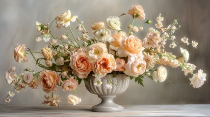 Obraz na płótnie Canvas peach and cream-colored roses, ranunculus, and snapdragons artfully arranged in a sleek silver cylindrical vase, set against a sophisticated light grey concrete background.