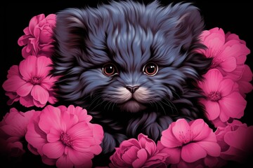 Adorable kitten with pink flowers, digital painting on black background, cute feline artwork