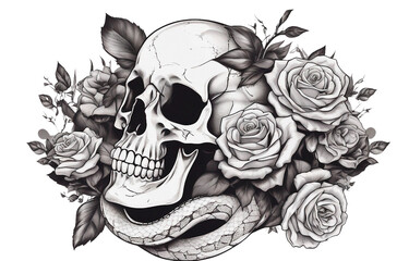 Skull, roses and snake isolated on a transparent background. Elegant tattoo design. Digital illustration