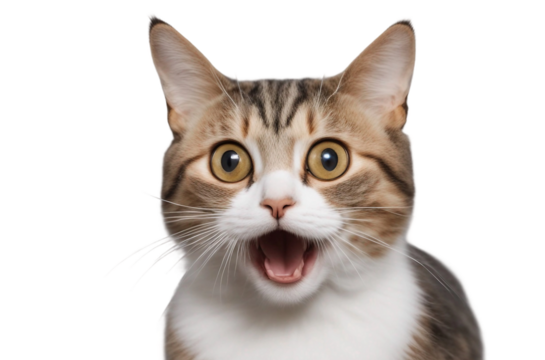 Portrait of a funny surprised cat, closeup. Cute cat in jump, isolated on transparent background