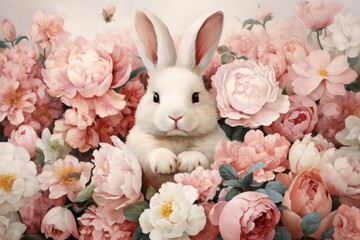 Cute bunny surrounded by beautiful peony flowers, perfect background for easter holiday concept