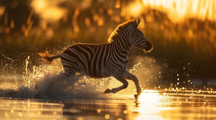 Fototapeta premium A zebra gracefully runs through a sparkling body of water