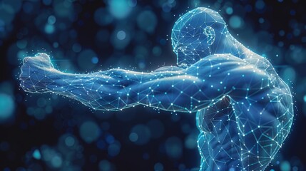 The power of human power low poly wireframe banner template. A strong bodybuilder, athlete, 3D male hand muscles with connected dots. - obrazy, fototapety, plakaty