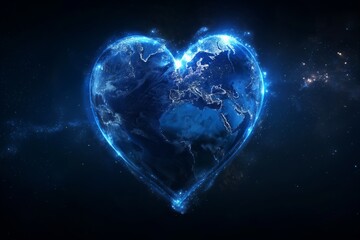 Naklejka na ściany i meble The blue glowing heart-shaped Earth floating in space symbolizes love and care for the planet. Earth Day Illustration