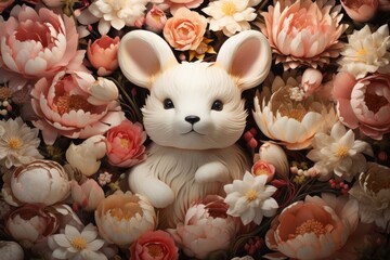 Close up of cute white teddy bear doll with beautiful flowers in the background, soft and cuddly toy