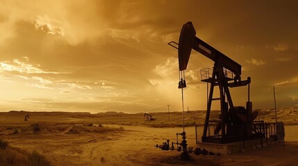 Crude Oil Production at Desert Oilfield. Oil Drilling Derrick & Rig Pump Jack. Petroleum Energy Exploration, Natural Gas & Liquids. Oilfield Services Contractor
