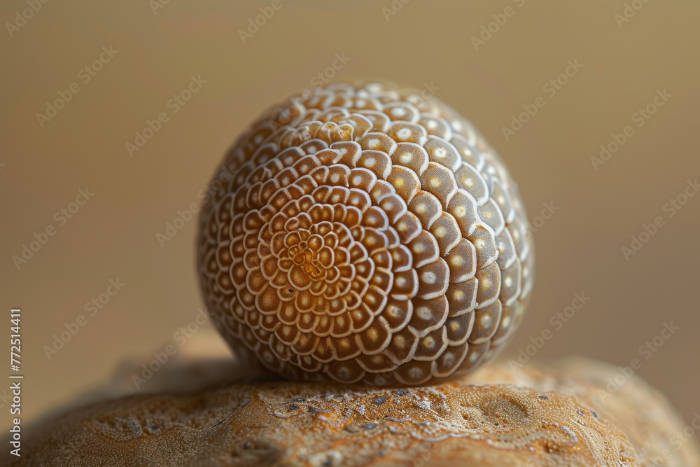 Poster a small, round object with a patterned surface sits on a rock