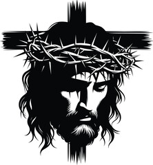 Jesus on Cross. Hand drawn vector illustration. Black silhouette svg of Jesus