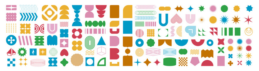 Mega geometric and abstract shapes collection. Abstract symbols set. Set of geometric brutalism shapes. Figures, stars, spiral flower and circles