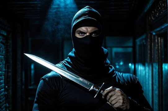 A man in a black mask holding a knife