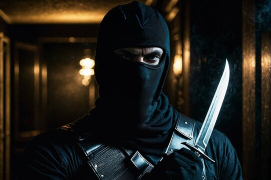 A man in a black mask holding a knife