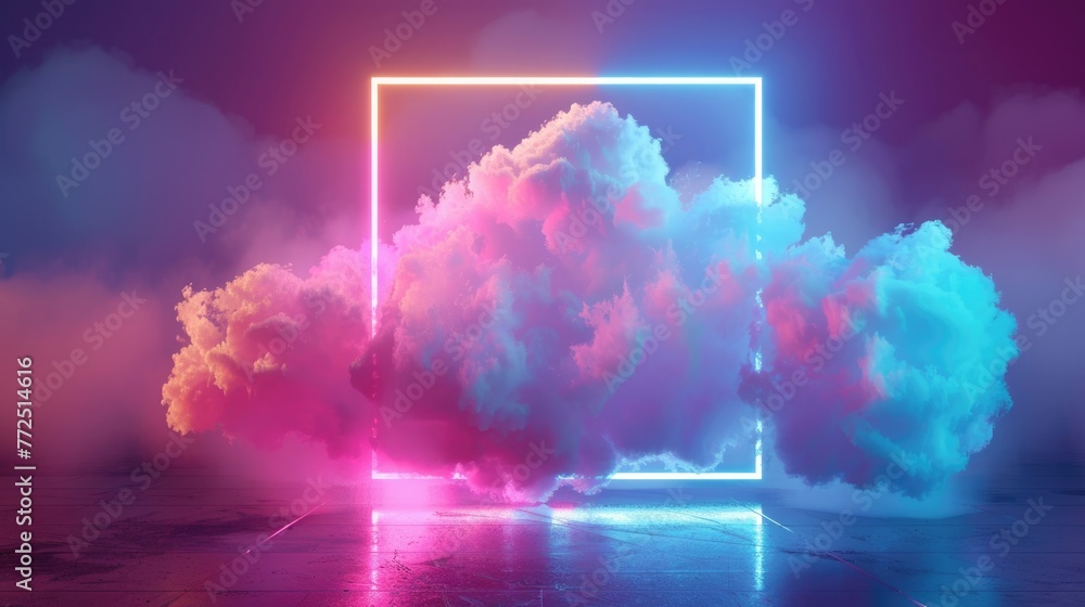 Poster neon light square frame on 3d rendered abstract background with illuminated stormy clouds and glowin