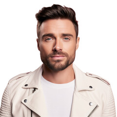 A cool man with facial hair on his chin and jaw, wearing a white leather jacket. His beard is neatly groomed, contrasting with his hair and forehead on transparent
