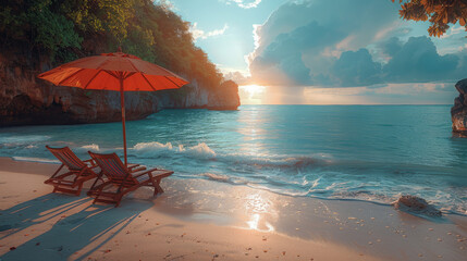 Vibrant Orange Umbrella and Beach Loungers Stand Over Tranquil Seaside Relaxation Spot - obrazy, fototapety, plakaty