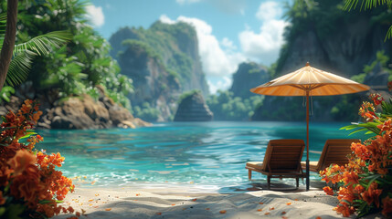 Secret Beach Paradise Hidden By Palms With Relaxing Sun Loungers - obrazy, fototapety, plakaty
