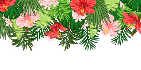 Exotic pattern with green palm leaves, red, pink hibiscus flowers. Wallpaper, frame, border.