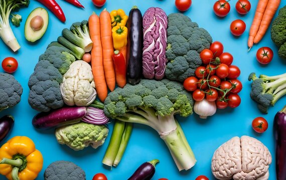 Variety of vegetables are arranged to form human brain.