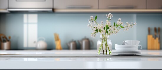 blurry bokeh modern kitchen interior background in clean and bright