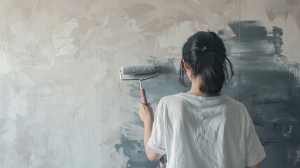 woman painting a wall with a roller brush dipped in deep blue paint, her navy shirt and ponytail hair tie contrasting against the canvas backdrop, in a focused behind-the-scenes perspective.