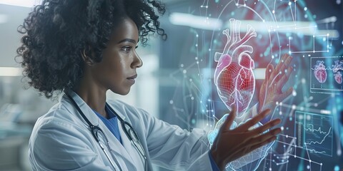 Cardiology and cardiologist - Woman doctor examining a wireframe hologram of a heart