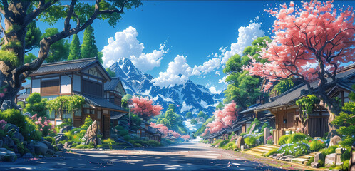 Japanese or fantasy eastern landscape. Anime Spring summer autumn art. Beautiful view small town downtown background. Digital painting. Poster, invitation, flyer, banner, header. Generative Ai content