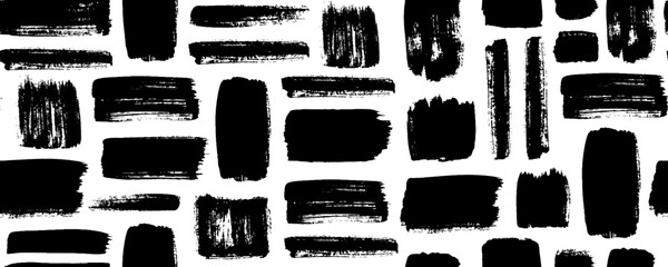 Grunge rectangles vector seamless pattern. Hand drawn brush strokes ornament. Ink illusatrtion, geometric abstract texture. Brush stroke, lines, stripes, rectangles backround. Black paint grid pattern
