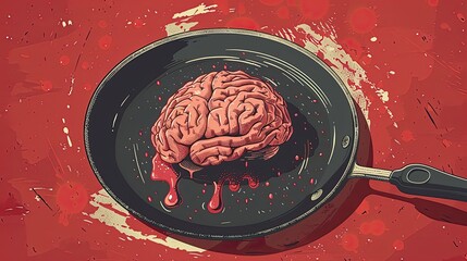 A metaphorical illustration of a brain frying in a pan - obrazy, fototapety, plakaty