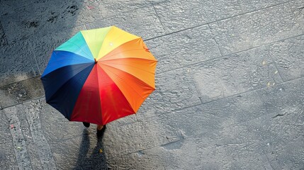 A person protects himself from solar radiation with an umbrella with rainbow colors. - obrazy, fototapety, plakaty