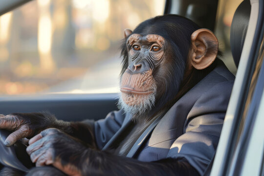A monkey is sitting in the driver's seat of a car