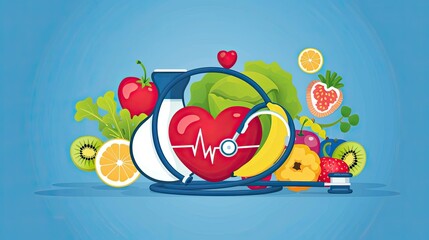 Illustration in which healthy foods appear, with cardiological elements, concept of a healthy cardio Mediterranean diet. - obrazy, fototapety, plakaty